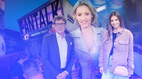 Moderatorin Laura Papendick (M.) begrüßt zum Fantalk am 6. Spieltag Toni Schumacher und Laura Wontorra