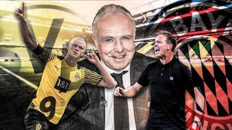 Michael Rummenigge (M., mit Haaland, l. und Nagelsmann) wird am Dienstag genau hinschauen, wenn seine früheren Klubs aufeinander treffen