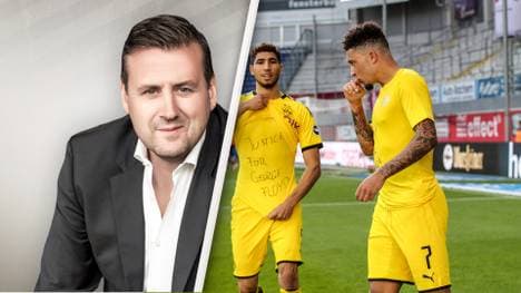 SPORT1-Chefredakteur Pit Gottschalk (l.) sieht den DFB wegen der Protest-Jubel von Sancho (r.) und Co. in einer Zwickmühle