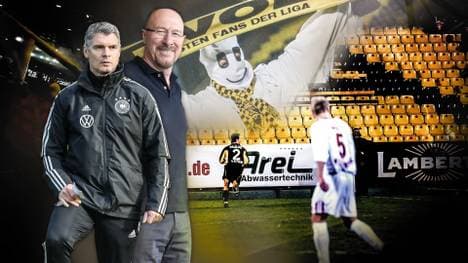 Karlheinz Pflipsen und Wolfgang Wolf (v.l.) waren beim ersten Geisterspiel im deutschen Profifußball im Aachener Tivoli-Stadion dabei