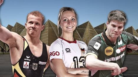 Fabian Hambüchen (Turnen, l.), Saskia Hippe (Volleyball, M.) und Dimitrij Ovtcharov (Tischtennis) gehören zu den deutschen Top-Athleten in Baku