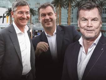 Der CHECK24 Doppelpass vom 17. Mai mit Bayerns Ministerpräsident Markus Söder und Herbert Hainer, Präsident und Aufsichtsratschef des FC Bayern München.