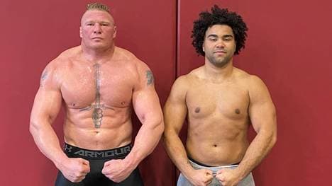 Gable Steveson (r.) trainierte 2019 zusammen mit WWE-Topstar Brock Lesnar