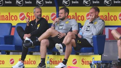 Marco Rose (l.) brachte seine Co-Trainer René Maric (M.) und Alexander Zickler (r.) mit zum BVB