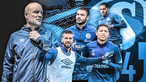 Rouven Schröder (l.) würde bei Schalke 04 Matija Nastasic, Ozan Kabak, Amine Harit und Omar Mascarell (v.l.) gerne noch abgeben