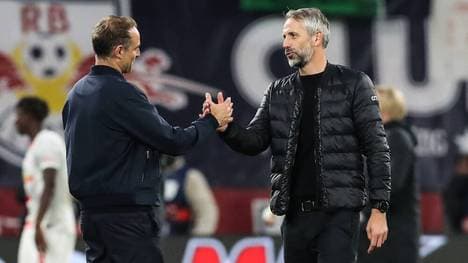 RB-Trainer Marco Rose (r.) und Oliver Mintzlaff