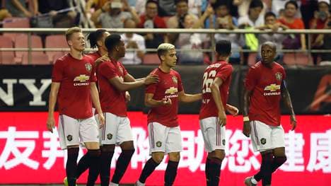 ICC: Manchester United siegt gegen Tottenham Hotspur, Die Spieler von Manchester United feiern den Treffer von Anthony Martial gegen Tottenham