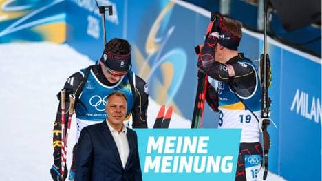 Die deutschen Biathleten Justus Strelow (l.) und David Zobel nach der enttäuschenden Verfolgung bei Olympia