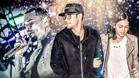 Neymar (M.) gefällt nicht, dass Chris Brown (l.) seiner Freundin Bruna folgt