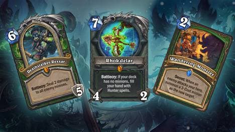 Drei der wichtigsten Karten: Todespirscher Rexxar, Rhok'Delar und Monsterköder