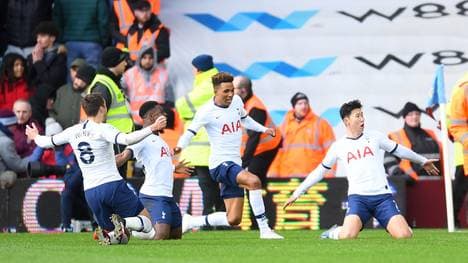 BIRMINGHAM, ENGLAND - FEBRUARY 16: Heung-Min Son of Tottenham Hotspur celebrates with team mates after scoring his sides third goal during the Premier League match between Aston Villa and Tottenham Hotspur at Villa Park on February 16, 2020 in Birmingham, United Kingdom. (Photo by Laurence Griffiths/Getty Images)