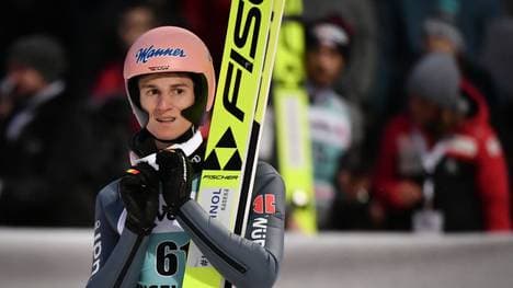 Germany's Karl Geiger reacts in the finish area during the men's FIS Ski Jumping World Cup competition in Engelberg, central Switzerland, on December 22, 2019. (Photo by Fabrice COFFRINI / AFP) (Photo by FABRICE COFFRINI/AFP via Getty Images)