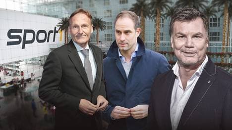 Thomas Helmer (r.) begrüßt Hans-Joachim Watzke (l.) vom BVB und Oliver Mintzlaff von RB Leipzig im CHECK24 Doppelpass