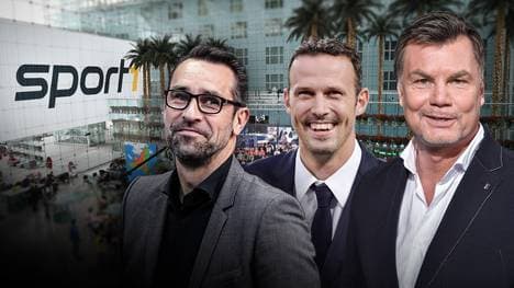 Michael Preetz (l.) und Marco Streller (M.) sind am Sonntag zu Gast im CHECK24 Doppelpass