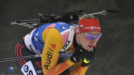 Germany's Denise Herrmann competes in the women's 7.5km sprint event at the Biathlon World Cup in Oberhof on January 9, 2020. - Denise Herrmann finished second. (Photo by Tobias SCHWARZ / AFP) (Photo by TOBIAS SCHWARZ/AFP via Getty Images)