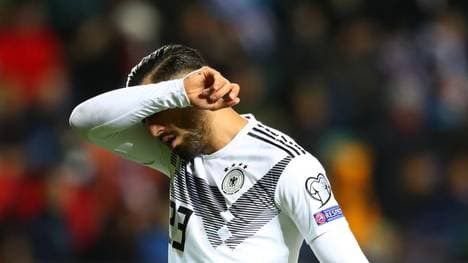 TALLINN, ESTONIA - OCTOBER 13: Emre Can of Germany leave the field after being sent off during the UEFA Euro 2020 qualifier between Estonia and Germany on October 13, 2019 in Tallinn, Estonia. (Photo by Martin Rose/Bongarts/Getty Images)