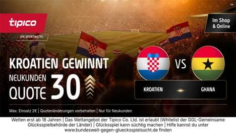 Quote 30.00 Kroatien vs. Ghana: Tipico Boost zur WM 2026 für Neukunden!