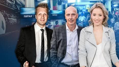 Am Dienstag diskutiert Moderatorin Laura Papendick (rechts) unter anderem mit Kult-Kicker Mario Basler (mitte) und Comedian Oliver Pocher (links) im SPORT1 Fantalk