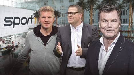 Zu Gast bei Thomas Helmer (r.) sind u.a. Max Eberl (m.) und Stefan Effenberg