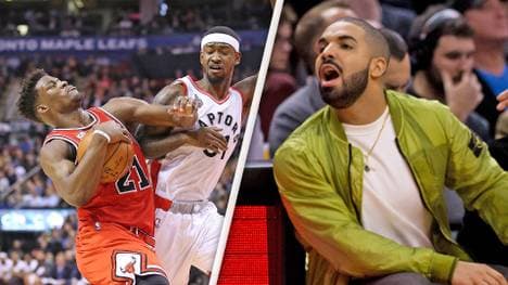 Jimmy Butler (l.) rettet Chicagos Sieg, auch wenn Rapper Drake (r.) das verhindern will