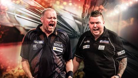 Raymond van Barneveld (l.) fordert Tabellenführer Michael Smith