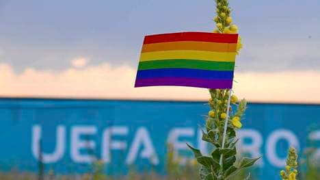 Zwei dänische Fans brachten eine Regenbogen-Fahne mit