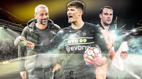 Gregor Kobel (M.) spricht im SPORT1-Interview über Trainer Marco Rose (l.) und Manuel Neuer (r.)