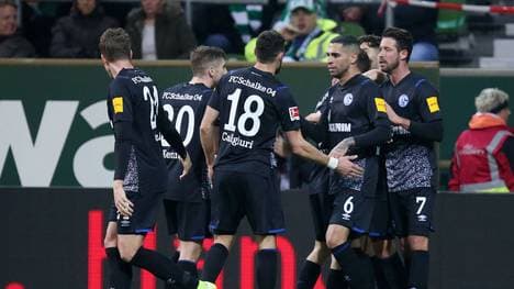 BREMEN, GERMANY - NOVEMBER 23: Amine Harit of FC Schalke 04 celebrates with teammates after scoring his sides first goal during the Bundesliga match between SV Werder Bremen and FC Schalke 04 at Wohninvest Weserstadion on November 23, 2019 in Bremen, Germany. (Photo by Cathrin Mueller/Bongarts/Getty Images)