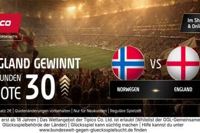 WM-HAMMER! Quote 30,00 statt 1,87: Tipico zündet den Turbo für England-Sieg gegen Norwegen!