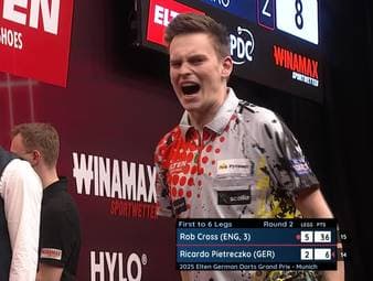 Ricardo Pietrezcko scheitert in der zweiten Runde des German Darts Grand Prix in München an Rob Cross und muss sich damit am zweiten Turniertag verabschieden.