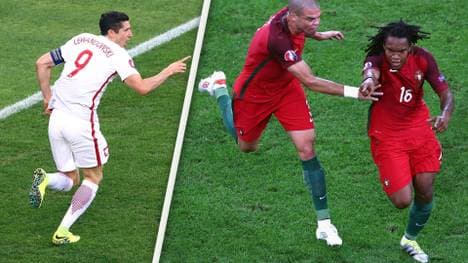 Robert Lewandowski (l.) und Renato Sanches (r., mit Pepe) trafen für Polen und Portugal FC Bayern München