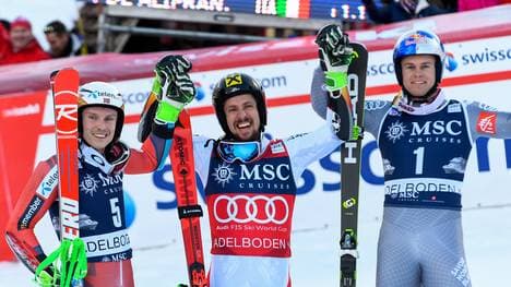 Henrik Kristoffersen (links), Marcel Hirscher (mitte) und Alexis Pinturault rasen aufs Podest