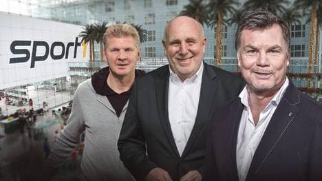 Stefan Effenberg und Dieter Hoeneß sind am Sonntag zu Gast im CHECK24 Doppelpass bei Moderator Thomas Helmer (v.l.)