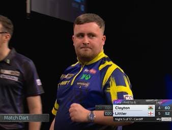 Luke Littler holt nach Startschwierigkeiten in der Premier League of Darts am fünften Spieltag seinen ersten Tagessieg und zeigt einige Highlights in Cardiff.