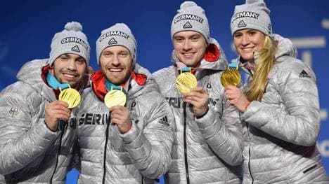 Die Rodler gehören bei Olympia zu den deutschen Garanten auf Goldmedaillen (hier: Tobias WENDL, Tobias ARLT, Johannes LUDWIG, Nathalie GEISENBERGER bei Olympia 2018)