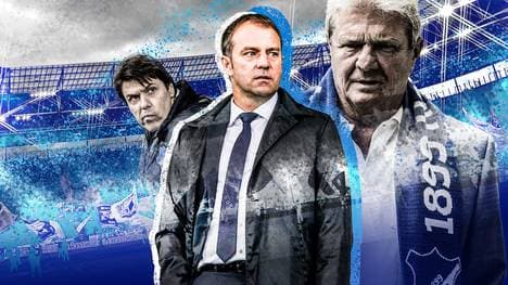 Hansi Flick (M.) muss gehen. Mediendirektor Christian Frommert (l.) und Mäzen Dietmar Hopp halten sich mit eindeutigen Äußerungen dazu noch zurück