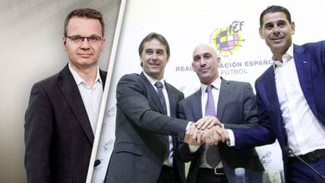 Verbandspräsident Luis Rubiales (M.) ersetzte Julen Lopetegui (l.) durch Fernando Hierro (r.)