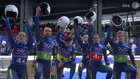 Die ukrainische Rodel-Staffel zeigten sich solidarisch mit dem Skeleton-Piloten Wladyslaw Heraskewytsch