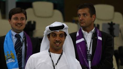 AL AIN, UNITED ARAB EMIRATES - MAY 15:  Manchester City owner Sheikh Mansour bin Zayed Al Nahyan are pictured  during the friendly match between Al Ain and Manchester City at Hazza bin Zayed Stadium on May 15, 2014 in Al Ain, United Arab Emirates.  (Photo by Francois Nel/Getty Images)