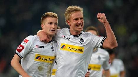 Mike Hanke (r., mit Marco Reus) machte 95 Pflichtspiele für Gladbach, in denen er 15 Tore erzielte