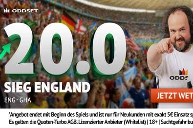 WM-Hammer bei ODDSET: Quote 20,00 statt 1,23 auf Sieg England gegen Ghana!