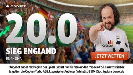 Quote 20,00 auf England Sieg gegen Ghana | ODDSET WM-Boost für Neukunden