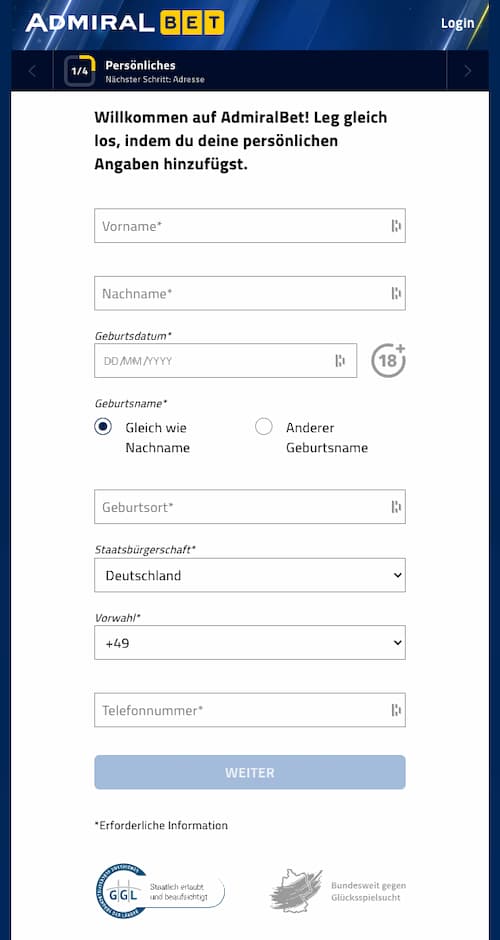 Registrierung bei Admiral Bet