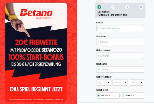 Gib im Zuge der Registrierung den Betano Bonus Code ein