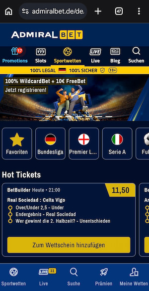 Screenshot aus der Admiralbet App